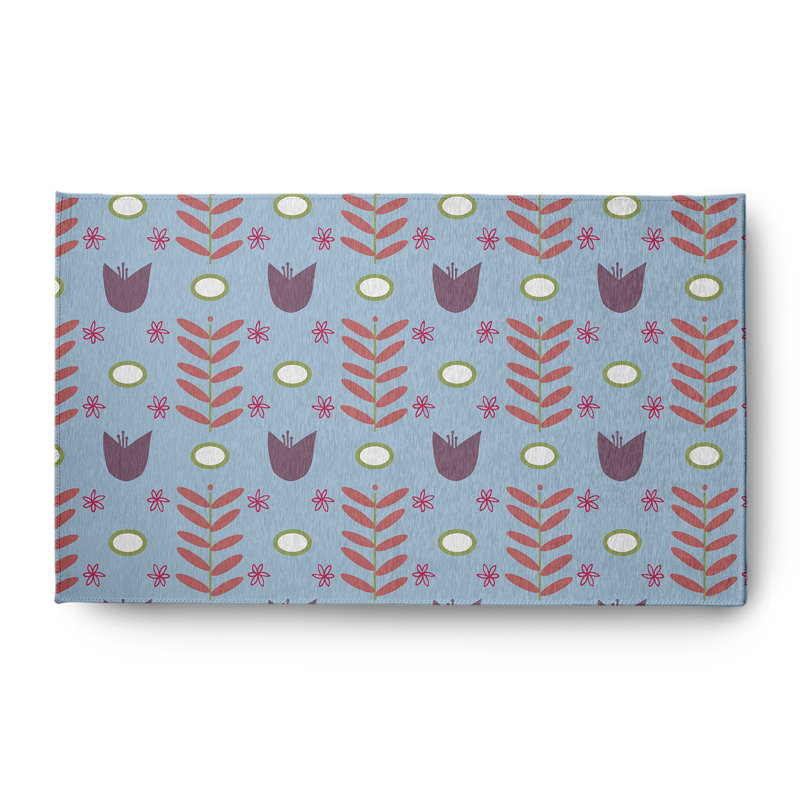 Tapis intérieur / extérieur tissé à la machine Floral en chenille bleu / mauve, Rectangle 3 pi x 5 pi