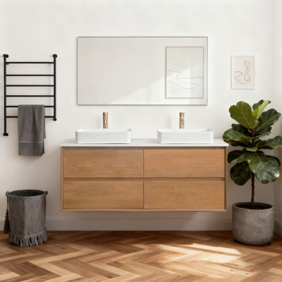 60Inch Wall Mounted Double Sinks Bathroom Vanity With Quartz Top