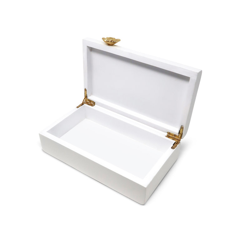 Mercer41 Rectangular White Wood Decorative Box with Gold Flower Detail, 3" H x 10" W x 5" D
