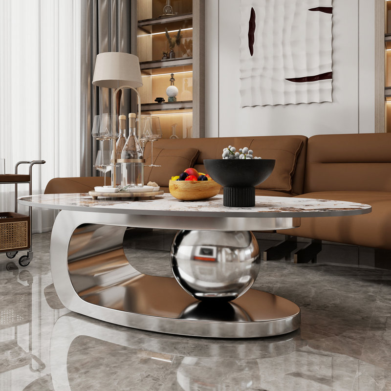 Table basse en marbre texturé pour le salon, table basse ovale moderne, Duplicata gris, 15.8" H x 49.2" W x 27.6" D