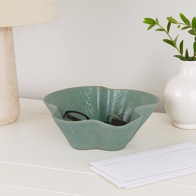 Decorative Ceramic Wavy Edged Bowl for Home Decor - Modern Accent Bowl with Abstract Pattern for Kitchen Counter or Home Decor - 13", Green