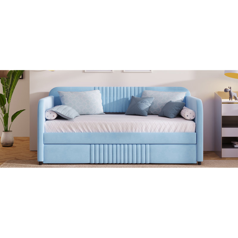 Lit de jour rembourré avec lit gigogne Kacy, Lit simple, Bleu pâle
