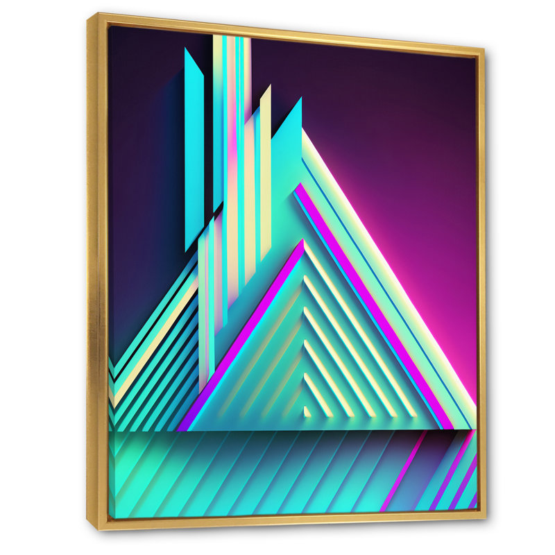 Neon dieu abstrait rétro géométrique - art mural moderne géométrique salon, H 44 po x l 34 po x P 1,5 po, Cadre flottant doré