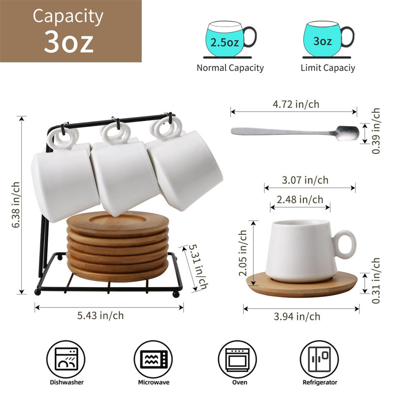 White Ceramic Espresso Cup and Wooden Saucer Set with Holder
