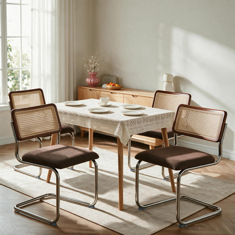 Ensemble de 4 chaises de salle à manger en rotin brun, chaises de cuisine modernes en bois de style Mid-Century, chaises de salle à manger en canne à dossier en filet, chaise Cesca avec pieds en métal chromé