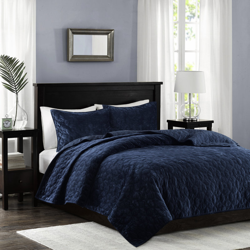 Couette en velours bleu marine - Grand lit/grand lit avec rembourrage en coton, 3 pièces, extra chaude et douce au toucher