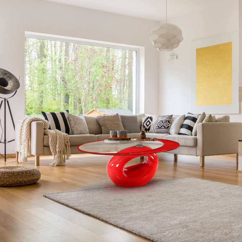 Glass Top Single Coffee Table, Red, Red