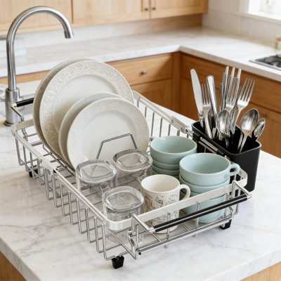 Expandable Stainless Steel Over-The-Sink Dish Drying Rack with Utensil Holder, Silver