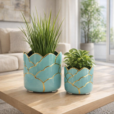 Decorative Ceramic Scalloped Planter for Home Decor - Indoor and Outdoor Planter Pots for Flowers, Living Room, Patio Accent - Set of 2, Blue