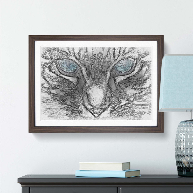 Bright Blue Cat Eyes in Abstract - Picture Frame Painting Print, Walnut Framed, 36cm H x 48cm W x 2cm D