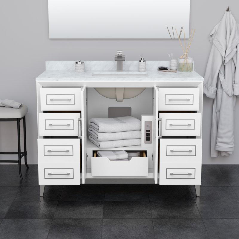 Marlena 60" Freestanding Single Bathroom Vanity with Cultured Marble Top, White, Brushed Nickel, 48"