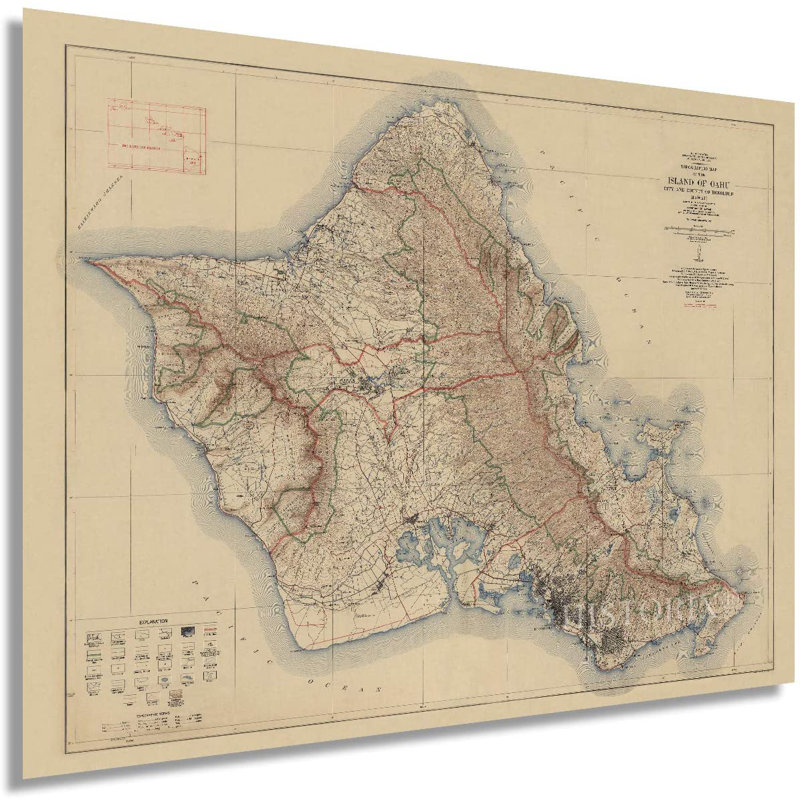 1938 Island of Oahu Map - Impression sur papier non encadrée, H 24 po x l 36 po x P 0,1 po