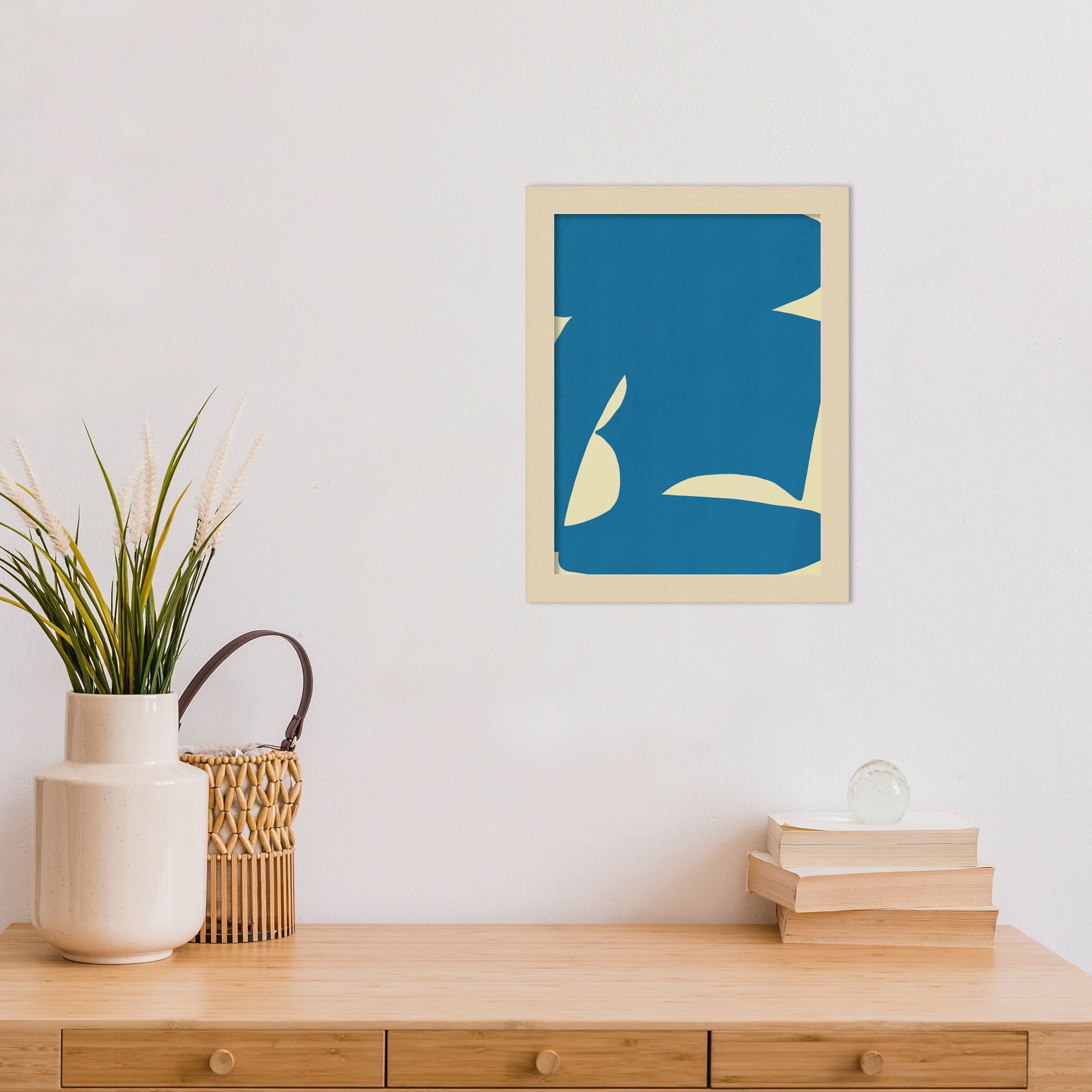 B Cut Out In Blue by Little Dean Wood Framed Wall Art Print, 13" H x 10" W, Brown