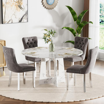 Round 47.24" Dining Table Set for 4, Farmhouse Circle Kitchen Table with 4 Velvet Upholstered Dining Chairs, Wooden Kitchen and Dining Room Table Set for Kitchen Living Room