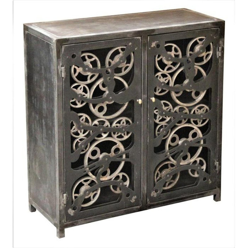 40" Black Metal Industrial Steampunk Gear Accent Cabinet