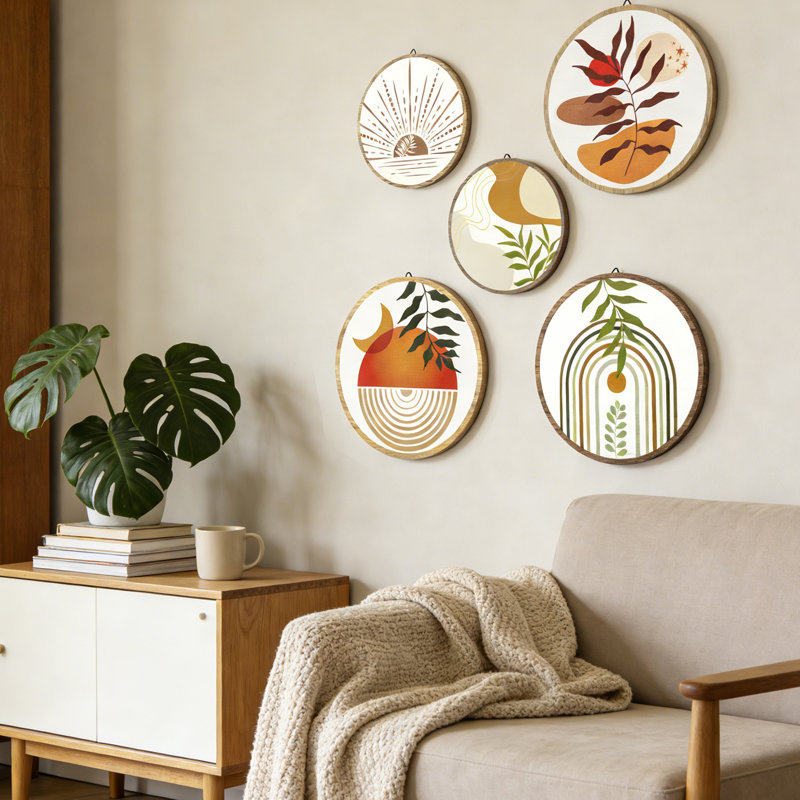 5-Piece Boho Wooden Wall Art Set - Handcrafted Sustainable Birch Wall Decor with Earthy Tones, Minimalist Geometric Design for Bedroom, Living Room, Bathroom, Yoga Studio | Easy Hang & Natural Finish