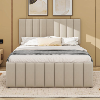 Full Size Upholstered Platform Bed With Twin Size Trundle And 3 Drawers