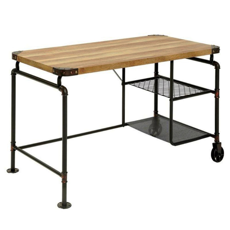 Bureau d'inspiration industrielle avec dessus en bois et roulettes en métal