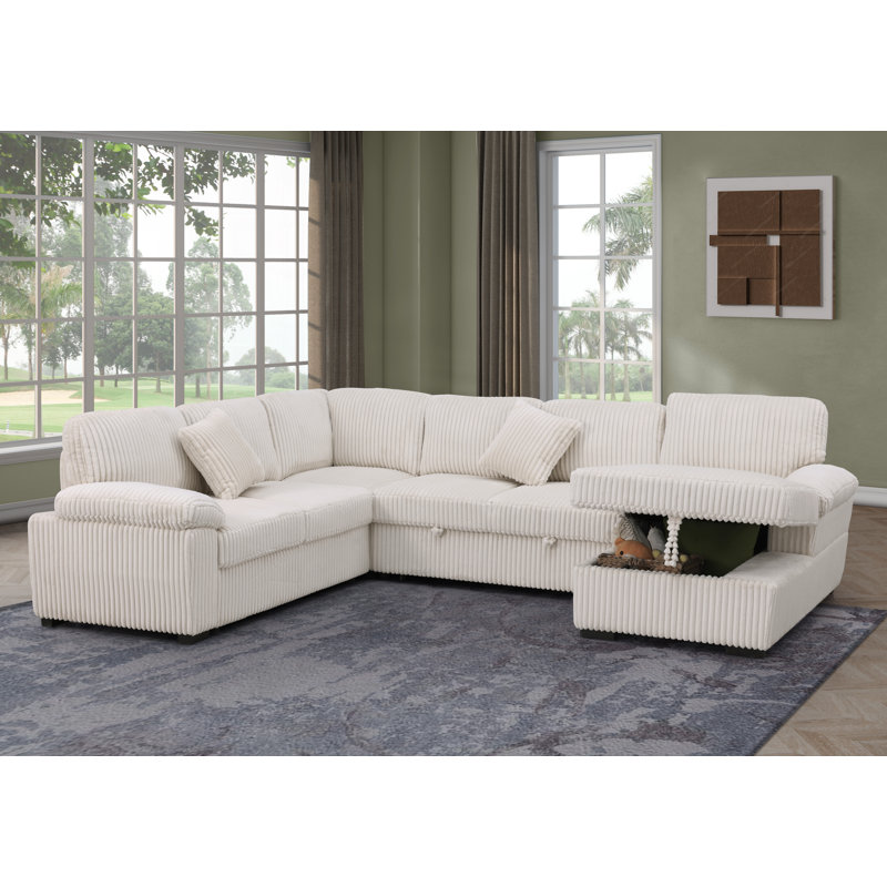 L-Shaped Sectional Sofa Bed Pull Out Sleeper Couch With Storage Chaise, Beige Chenille