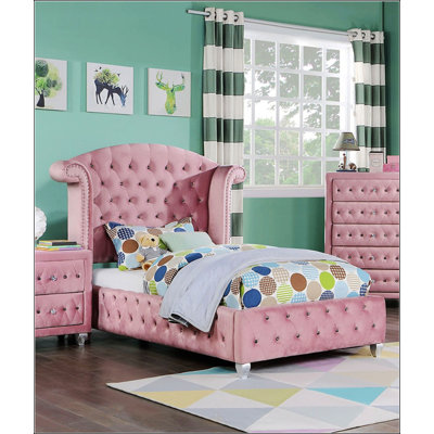 Pink Flannelette Upholstered Twin Size Bed