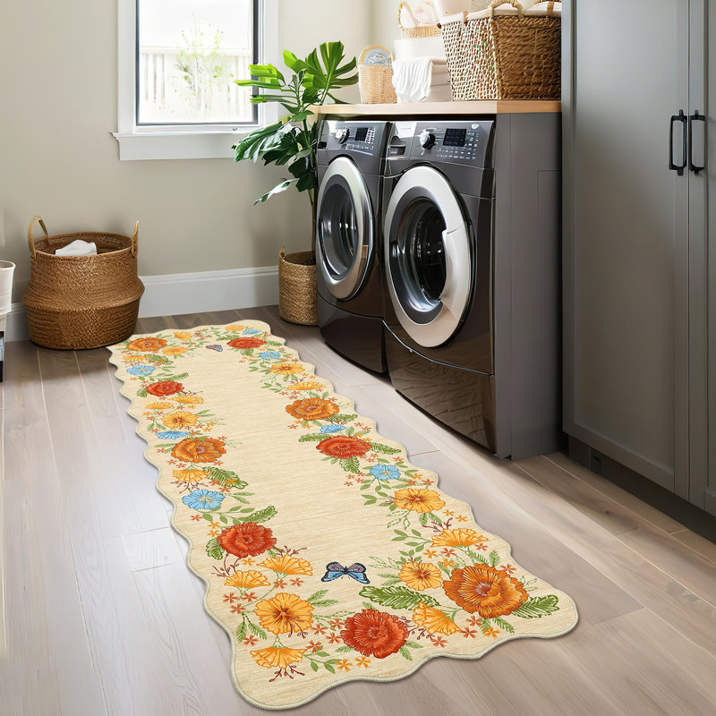 Floarl Machine Washable Rug with Rubber Backing for Living Room Modern Non-Slip Dining Room Rug Easy-Cleaning Floor Carpet for Bedroom Dorm Playroom