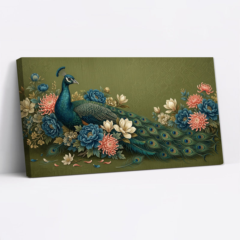 Tableau mural sur toile représentant un paon avec des fleurs bleues et roses sur fond vert, L 32 po x H 16 po