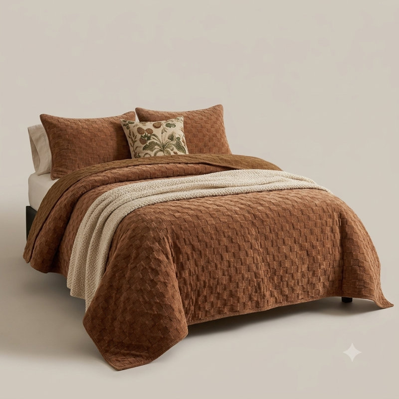 Zera MJ Velvet Coverlet/Bedspread with Pillowcases, King Coverlet/Bedspread + 2 King Pillowcases, Brown