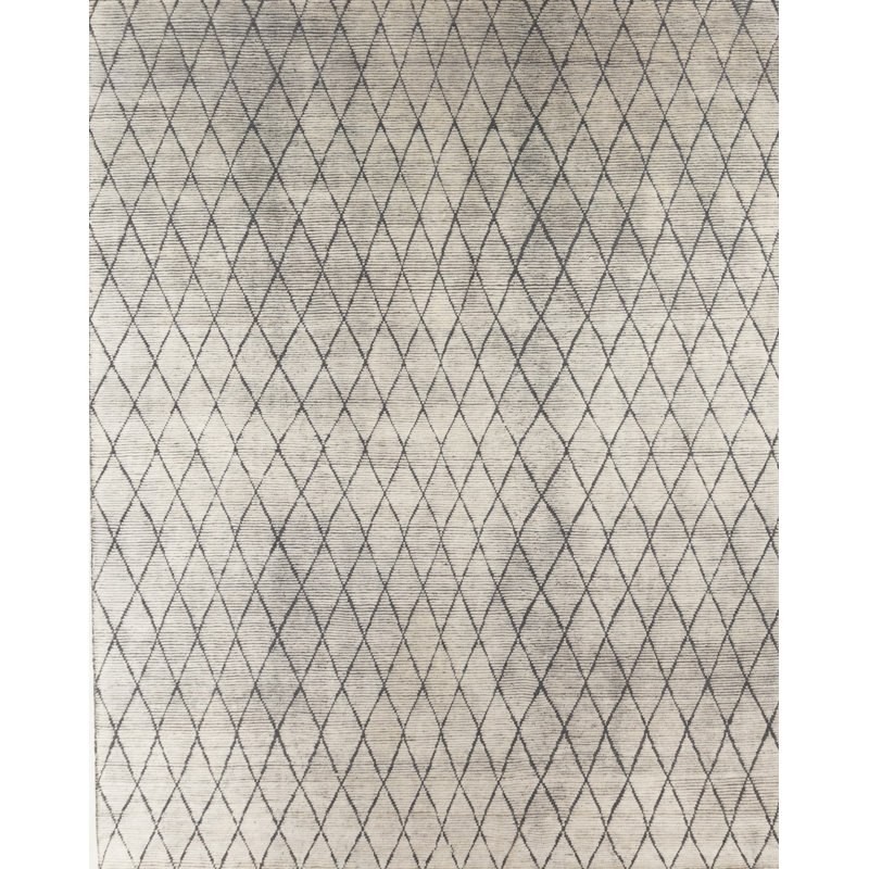Geometric Hand-Knotted Wool Gray Rug, Rectangle 12' x 15'