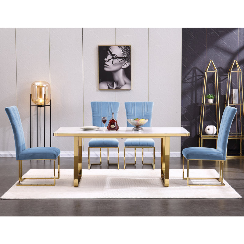 Breah 19.3'' H Velvet Upholstered Parsons Chair, Blue, Gold