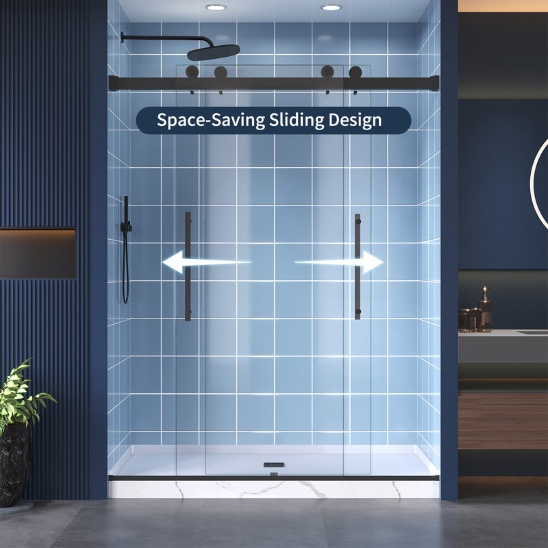 54-58 In. W X 60 In. H Double Sliding Frameless Anti-Collision System Tub Door With 1/4 In. Clear Glass, Matte Black