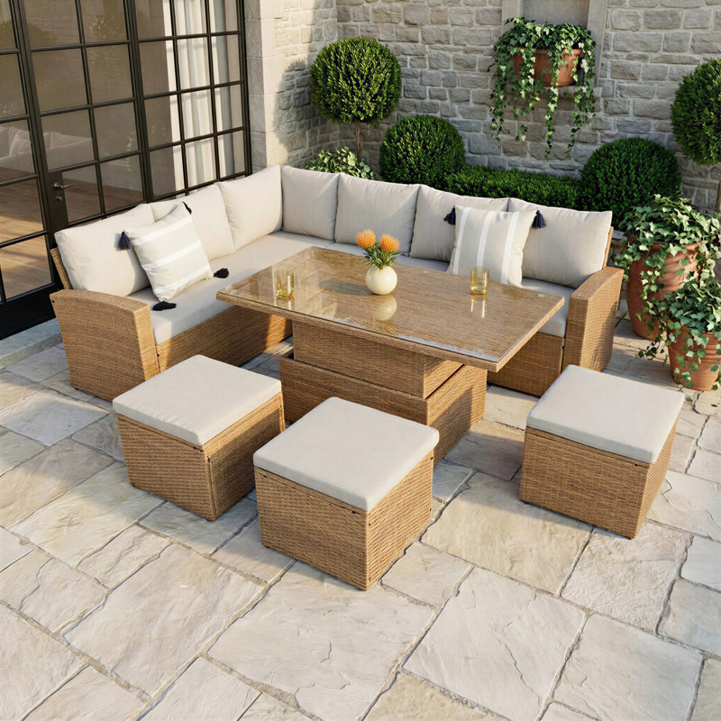 Pelias - Rattan Corner Sofa Set With Rising Table - 8 Seats, Brown, Grey