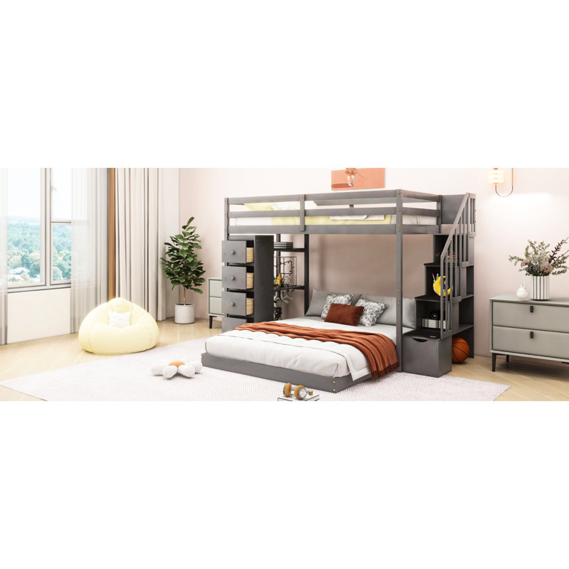Lit superposé simple au-dessus d'un lit double avec options de rangement en gris - tablettes, tiroirs et escaliers
