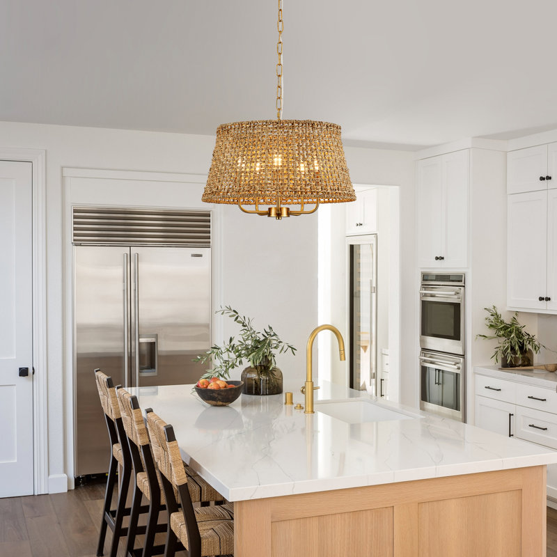 5-light Boho Farmhouse Hand-woven Rattan Chandelier, Gold