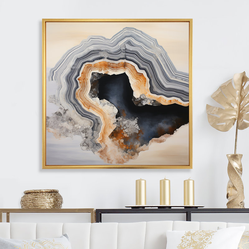 «Stone Geode Scenery Minimalisme I», reproduction sur toile, Cadre flottant doré, H 36 po x l 36 po x P 1,5 po