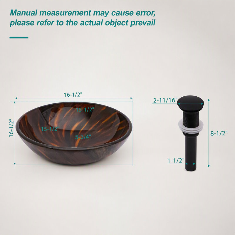 Lavabo vasque de salle de bain artistique en verre trempé avec bonde escamotable pour salle de bain, bol rond en verre trempé brun ambre (sans robinet)