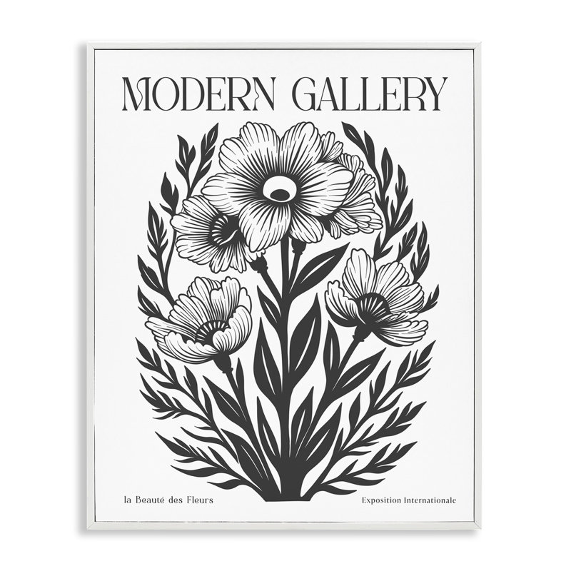 Fleurs avec fougères courbées, estampe numérique encadrée, H 20 po x l 16 po, Giclée encadrée blanc bord de mer