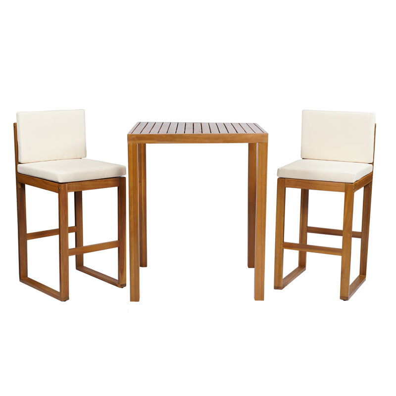 Ensemble de salle à manger à hauteur de bar en bois d'acacia avec coussins 3 pièces Vine Patio, Beige, Teck
