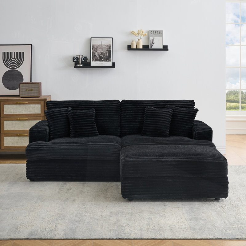79.3''Modern Corduroy L-Shaped Sectional Sofa with Ottoman, Black