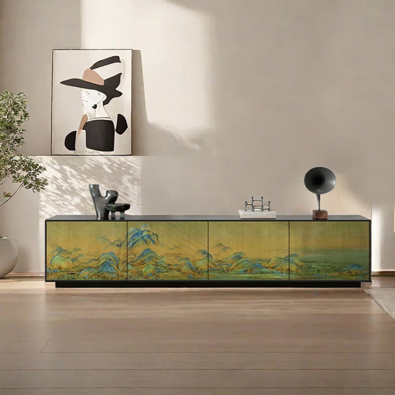 Meuble télé en bois de pin naturel, Noir/vert, 86.61"