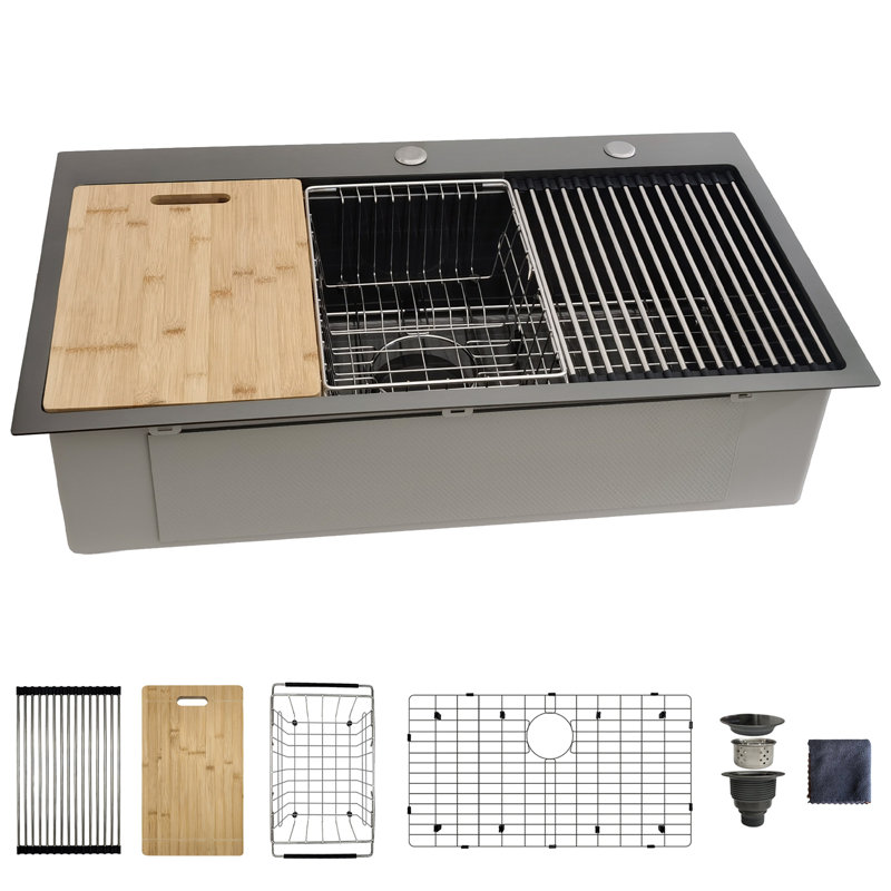 Évier de cuisine à simple cuve encastrable en acier inoxydable de calibre 16 noir L 33 po x l 19 po avec accessoires