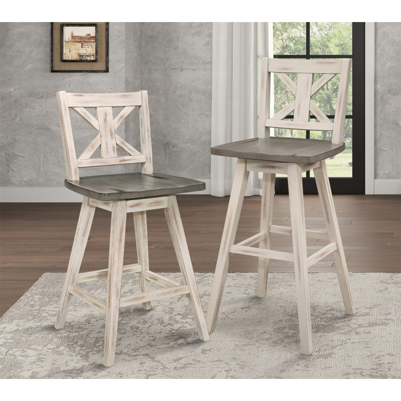 Ensemble de 2 chaises à hauteur de comptoir, chaise de salle à manger pivotante à 360 degrés en bois d'hévéa massif gris-blanc, dossier en X