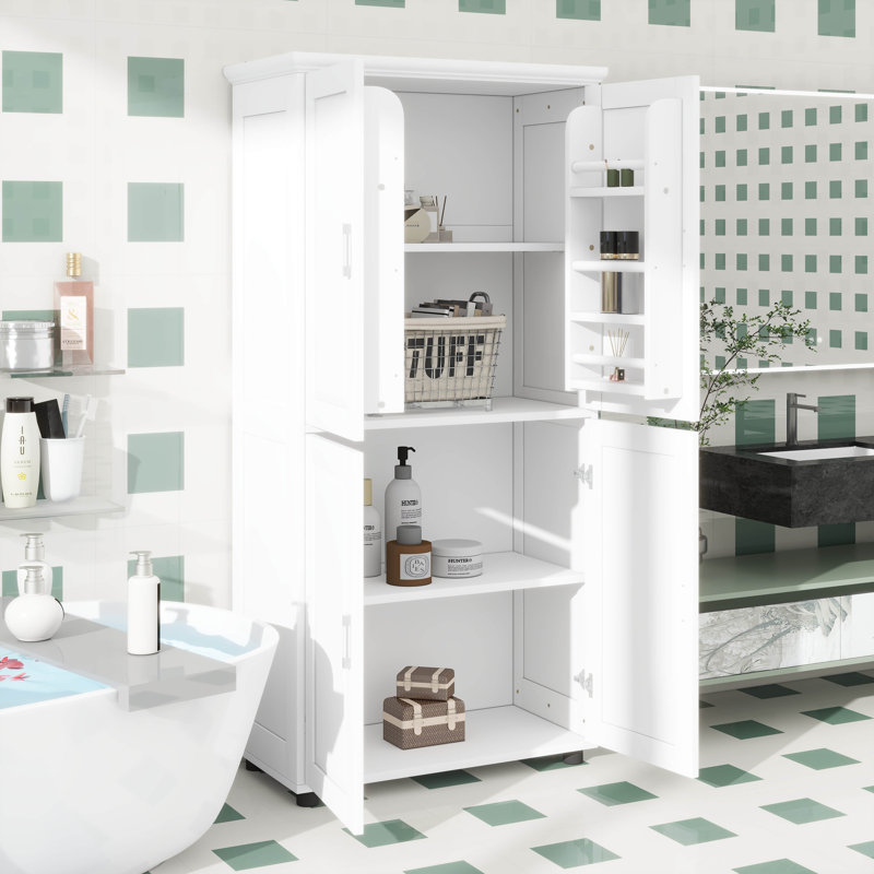 Armoire de rangement pour salle de bain, armoire autoportante avec 4 portes, tablettes réglables