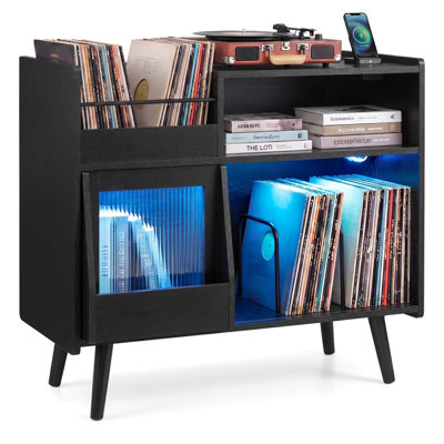 Record Player Stand with LED Light, Power Outlets & Vinyl Storage, Black
