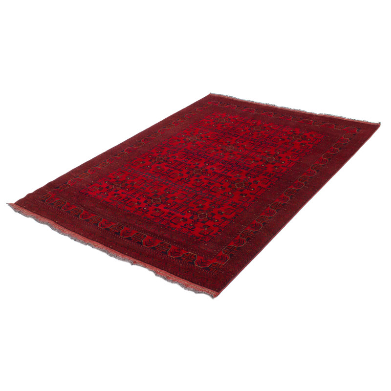 Tapis rouge en laine noué à la main de conception unique 6 pi 10 po x 9 pi 9 po Gwena