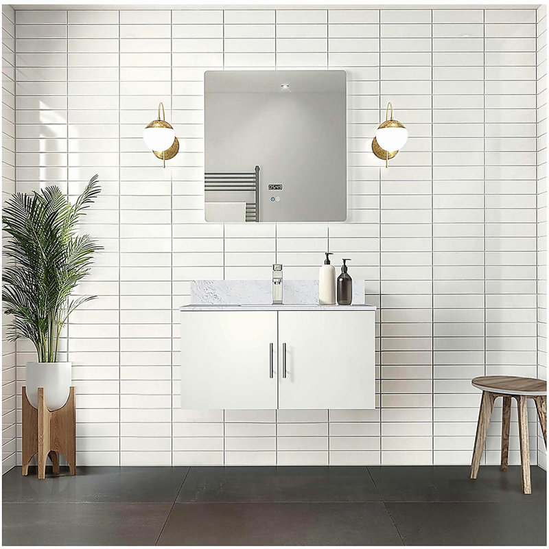 Lavabo de baignoire avec robinet et miroir à DEL, Blanc lustré, 36"