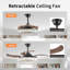 Ventilateur de plafond rétractable 48 po avec lumière et télécommande, moteur DC réversible silencieux à 6 vitesses, ventilateurs de plafond modernes à 4 pales pour la cuisine, la salle à manger et le patio