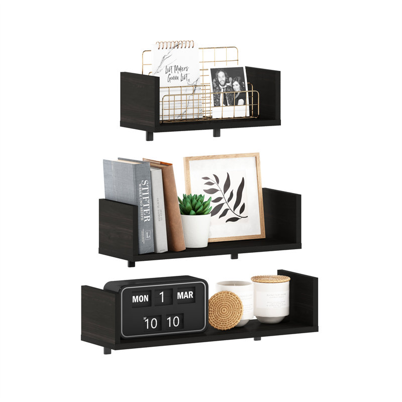 Flem 3 Piece Wall Mounted Floating Display Shelves with Invisible Brackets, Espresso