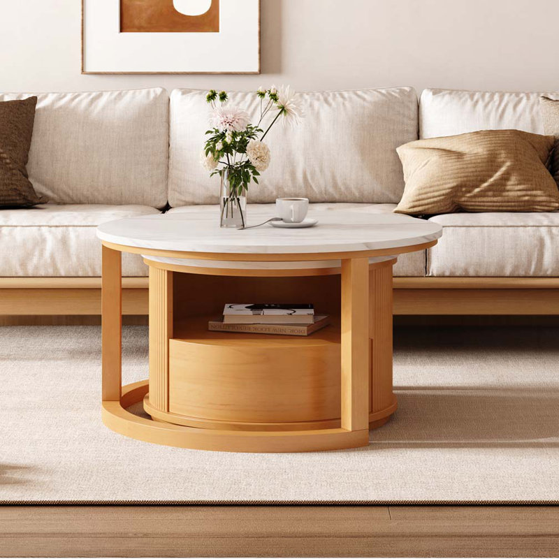 Table basse ronde avec plateau en marbre blanc, rangement à 2 niveaux et 1 tiroir