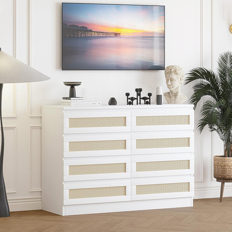 Commode de chambre blanche 8 tiroirs, Blanc / Brun