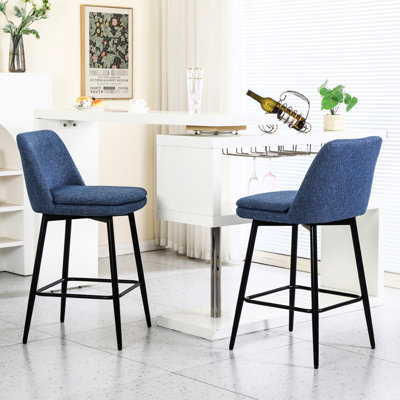 Tabouret de comptoir de 2, rotatif à 360 °, revêtu de lin bleu, siège de 25,6 po, pieds en métal pour le revêtement de la cuisine et du pub